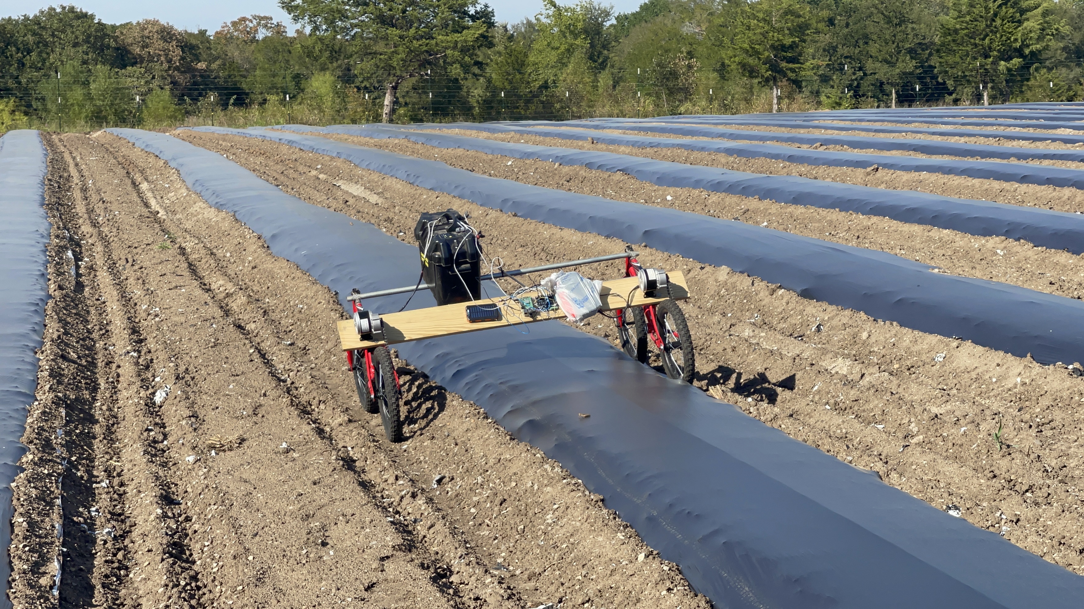 Early ScoutBot prototype testing on plastic mulch at Punjab Farms - showing the duct-tape phase of development