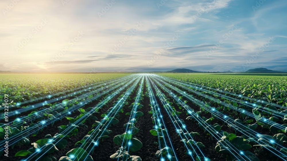 Futuristic farm field with digital technology visualization