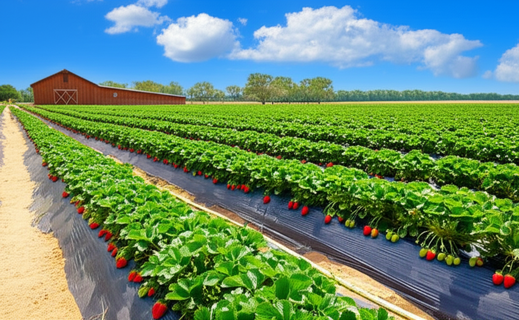 Small strawberry farm with rows of plants and farming equipment